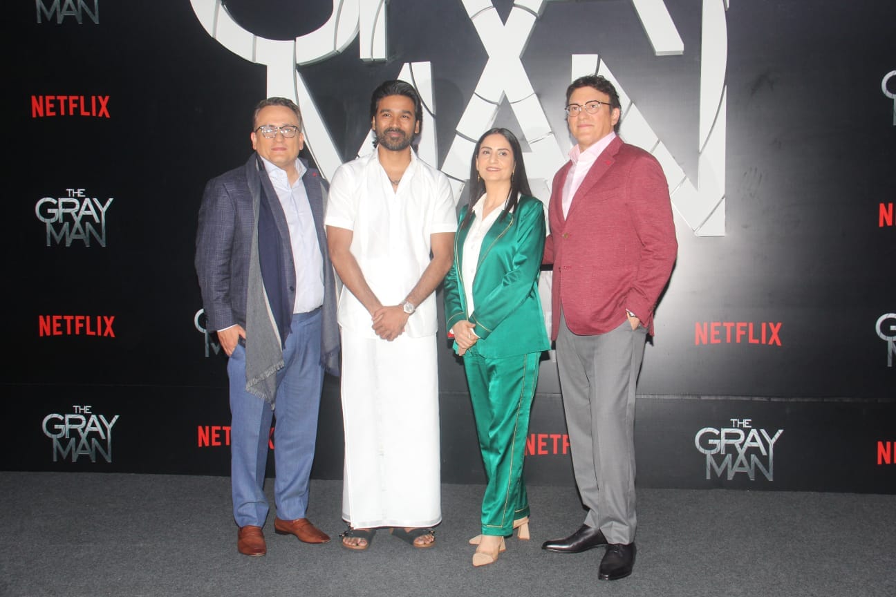 Dhanush and the Russo Brothers at The Gray Man premiere in Mumbai. (Pic: Viral Bhayani)