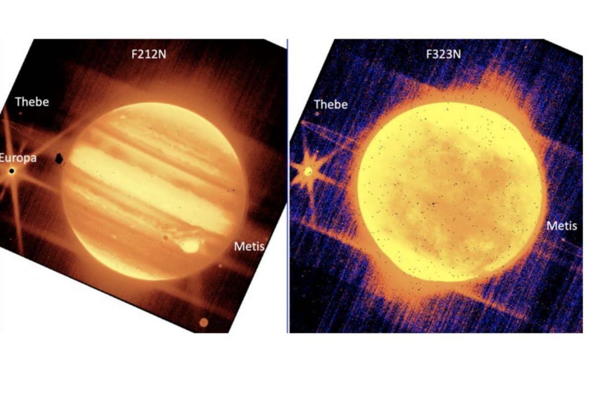 Left: Jupiter, center, and its moons Europa, Thebe, and Metis are seen through the James Webb Space Telescope’s NIRCam instrument 2.12 micron filter. Right: Jupiter and Europa, Thebe, and Metis are seen through NIRCam’s 3.23 micron filter. (Image Credits: NASA, ESA, CSA, and B. Holler and J. Stansberry (STScI))