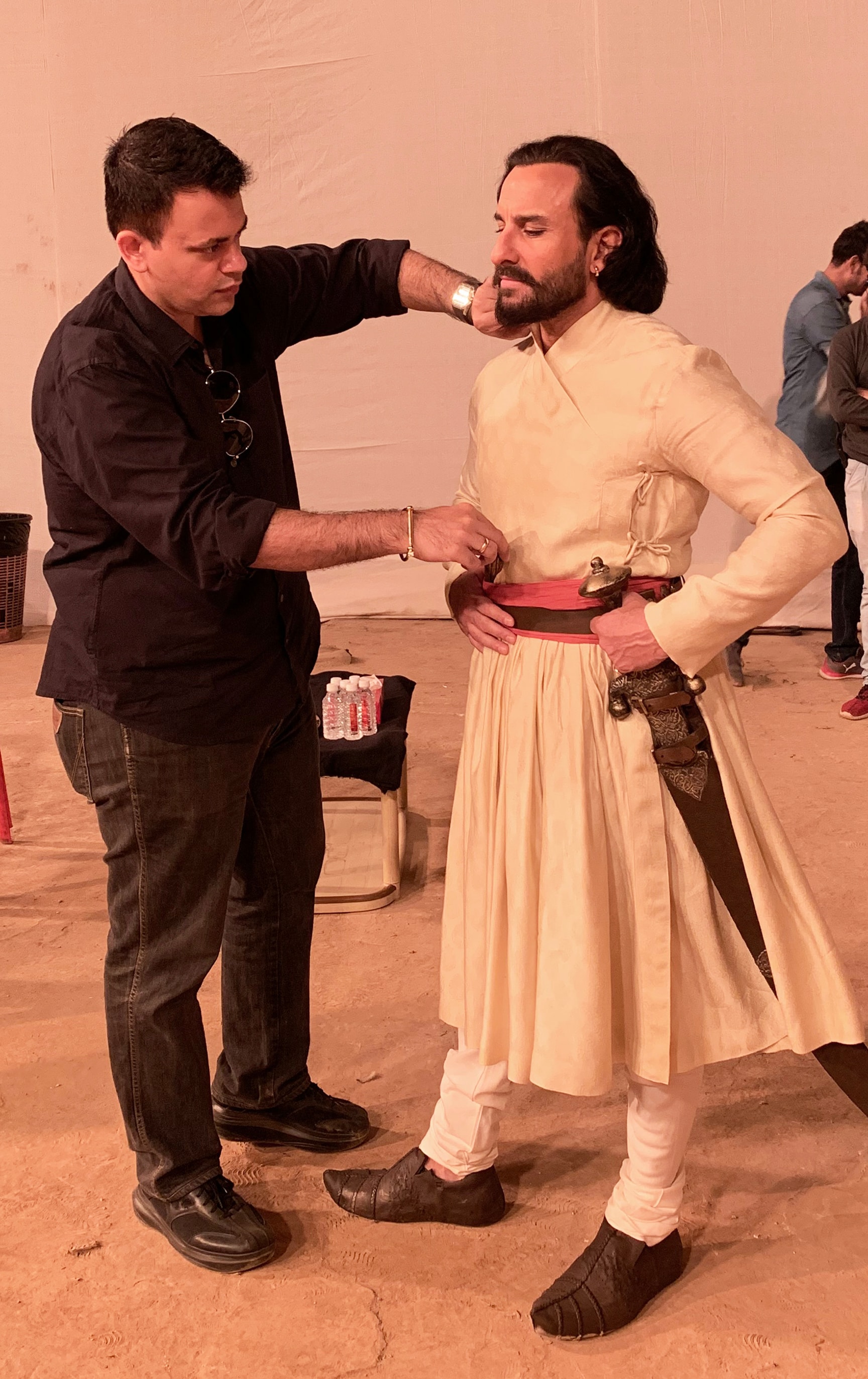 Costume designer Nachiket Barve with actor Saif Ali Khan on the sets of Tanhaji: The Unsung Warrior