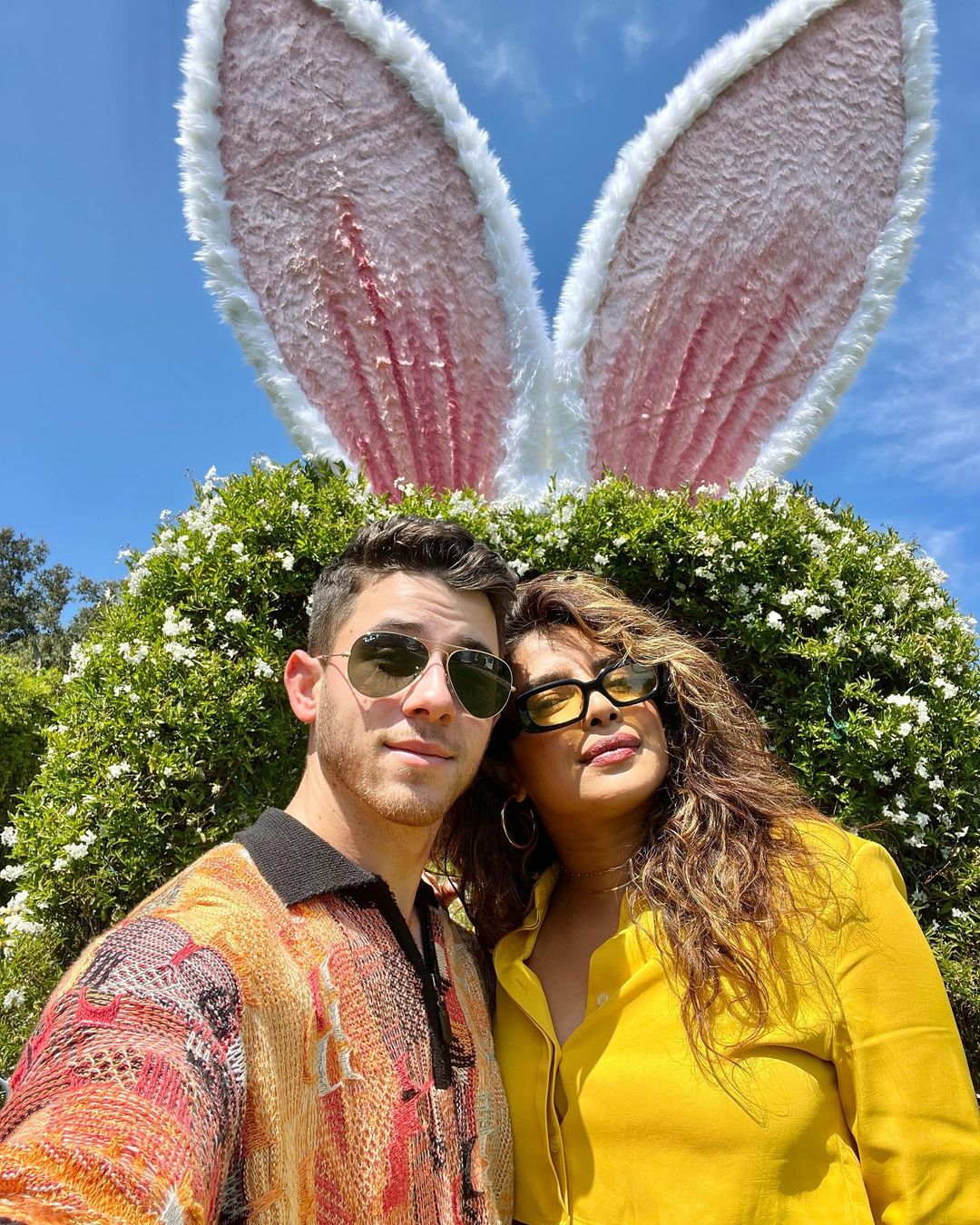 One thing that the global celebrity couple is known for is celebrating festivals together. In this photo, the duo shared the warm greetings of Easter by literally being bunnies. (Image: Instagram)