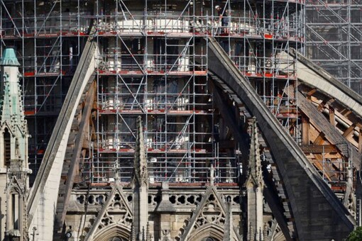 This recent image shows a scaffolding around the Notre-Dame de Paris Cathedral as the rebuilding process of the roof and the spire that was destroyed by fire continues. (Source: Reuters)