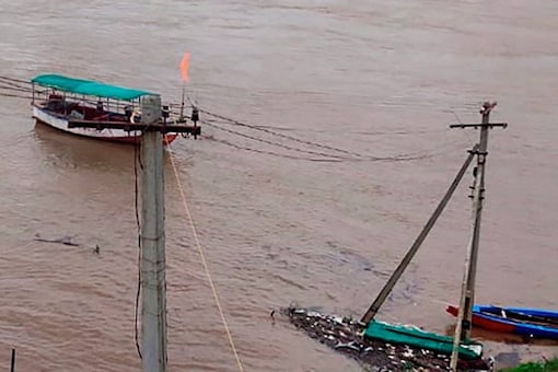 Swollen Godavari river following incessant monsoon rains, in Bhadrachalam, Telangana on Sunday, July 10, 2022. (PTI)