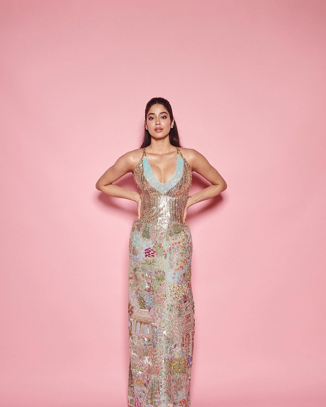 Janhvi Kapoor in a Navbhoomi slip dress from Rahul Mishra's Couture Fall 2022 collection The Tree of Life.