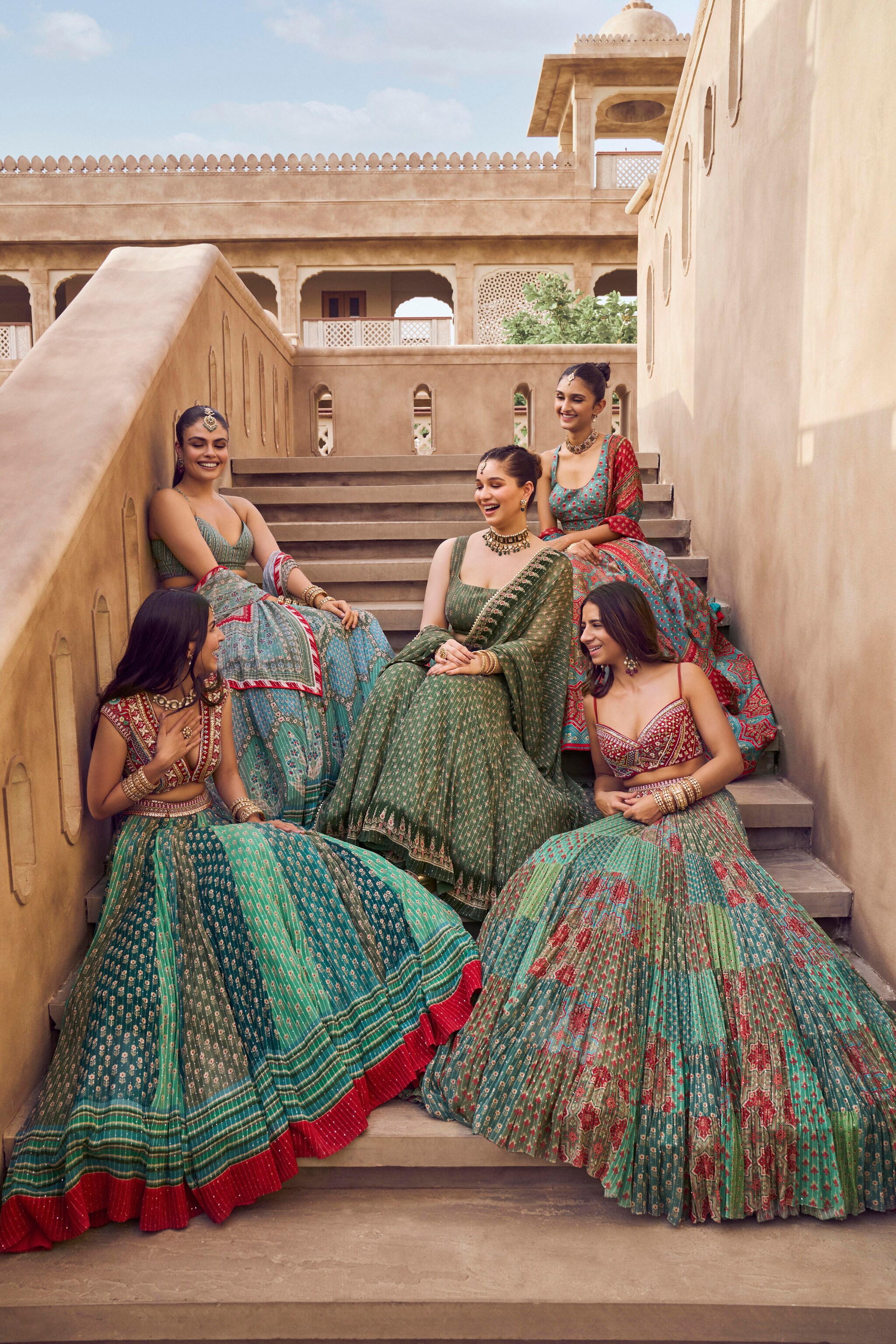 Serena Jethmalani, Tiana Taraporvala, Sara Tendulkar, Rhea Kuruvilla and Alaviaa Jaaferi in Anita Dongre.