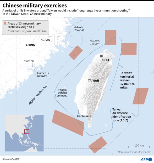 map afp taiwan surrounded Map of Taiwan and its surrounding waters, highlighting the areas of the Chinese military drills from August 4-7