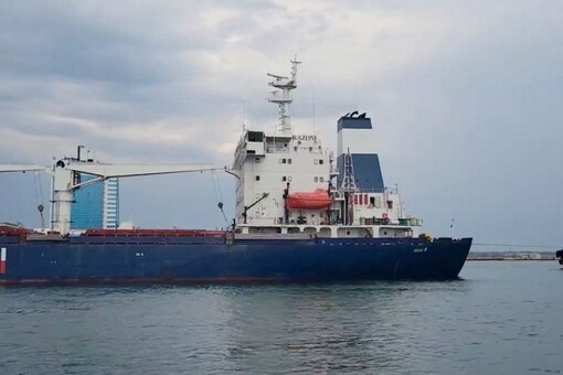 The Sierra Leone-flagged cargo ship, Razoni carrying Ukrainian grain leaves the port, in Odesa, Ukraine, August 1, 2022, in this screen grab taken from a handout video. (Handout/Reuters)