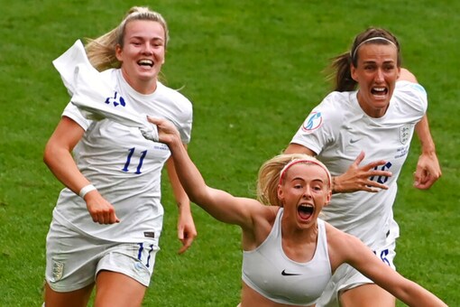 Chloe Kelly celebrates after scoring in extra time as England win Women's Euro (AP)