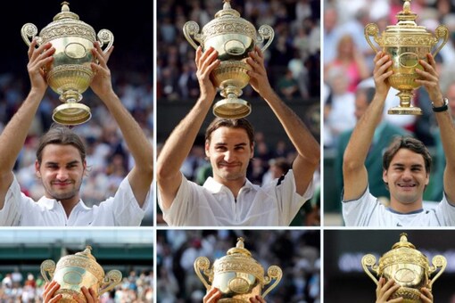 Roger Federer-a collage of Wimbledon wins over the years.