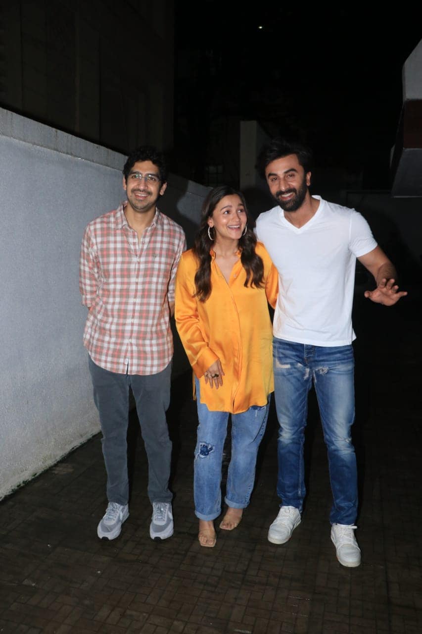 Brahmastra trio Ayan Mukerji Ranbir Kapoor and Alia Bhatt pose for the cameras outside Dharma Productions office Pic Viral Bhayani