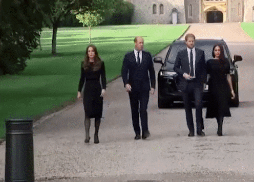 The couple, who were on a rare visit to Britain when the queen died on Thursday, reunited with Harry's brother William and wife Kate at Windsor Castle Saturday (Image: Twitter/Reuters)