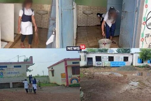 In the photos, they were seen holding brooms in their hands and cleaning toilets by fetching water from a hand pump in the school premises. (Image: News18 Hindi)