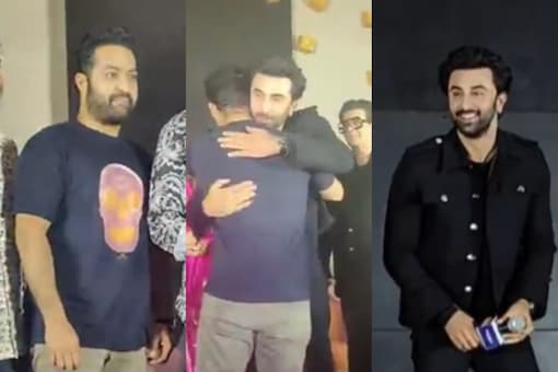 Jr NTR and Ranbir Kapoor at the pre-release event of Brahmastra in Hyderabad.