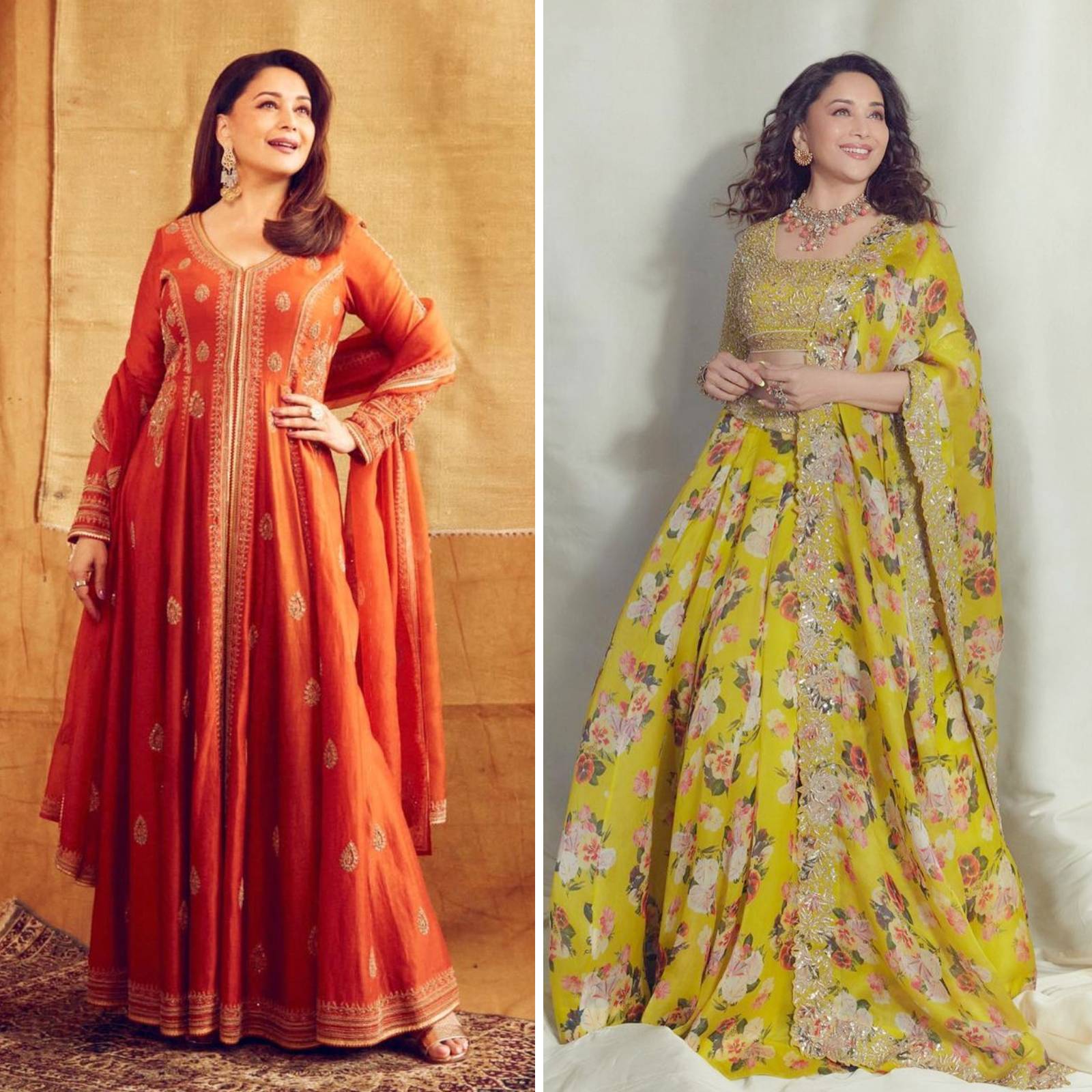 madhuri dixit orange dress Madhuri Dixit at 58 serves timeless elegance in a vibrant orange saree and traditional jewels for Netflix event via HT Lifestyle