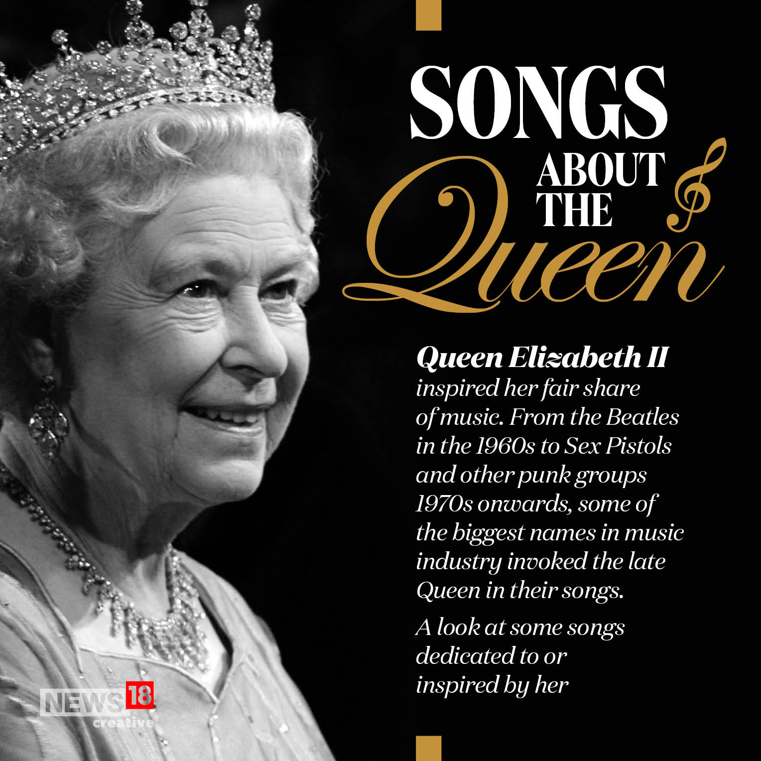 Royal Playlist: From Beatles to Sex Pistols, Songs About Queen Elizabeth II  | In GFX - News18