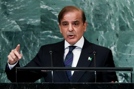 Pakistan PM Shehbaz Sharif addresses the 77th session of the United Nations General Assembly on September 23, 2022, at the UN headquarters. (AP Photo/Julia Nikhinson)