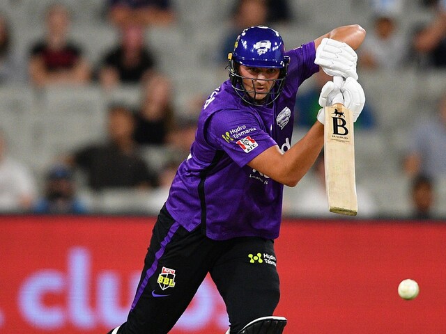 Tim David of the Hobart Hurricanes plays a shot during the Big Bash League against the Adelaide Strikers in Melbourne, Jan. 21, 2022. Singapore-born allrounder David has been named in Australia's Twenty20 World Cup squad for the host country's defence of its title beginning in late October. (James Ross/AAP Image via AP)
