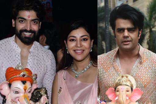 Gurmeet-Debina and Maniesh Paul perform Ganpati visarjan. (Photo: Viral Bhayani) 