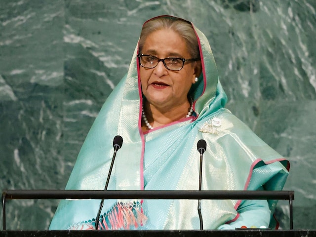 Bangladesh PM Sheikh Hasina addresses the 77th session of the UNGA. (Image: AP Photo/Jason DeCrow)