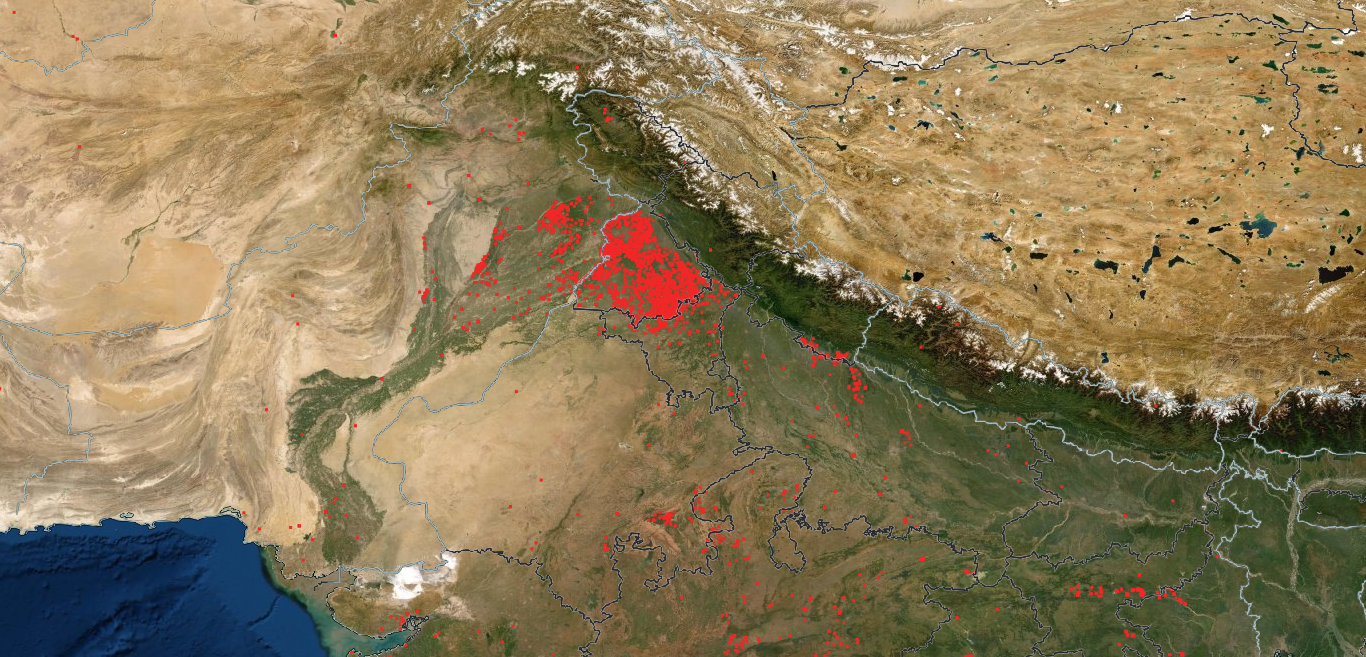 Satellite image shows farm fires in the last 24 hours on October 27. (NASA)