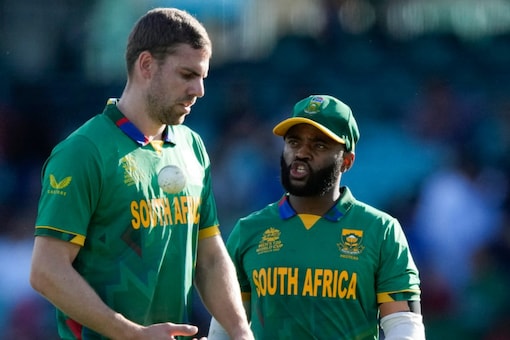 South Africa pacer Anrich Nortje and skipper Temba Bavuma (AP Image)