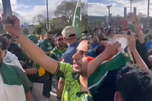 . In a clip first shared on TikTok, a huge group of cricket fans can be seen with their arms around each other’s shoulders. (Credits: Instagram)