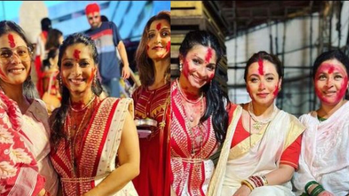 Kajol Rani Mukerji Tanishaa Mukerji Deck Up For Sindoor Khela At Durga Puja Pandal See Pics