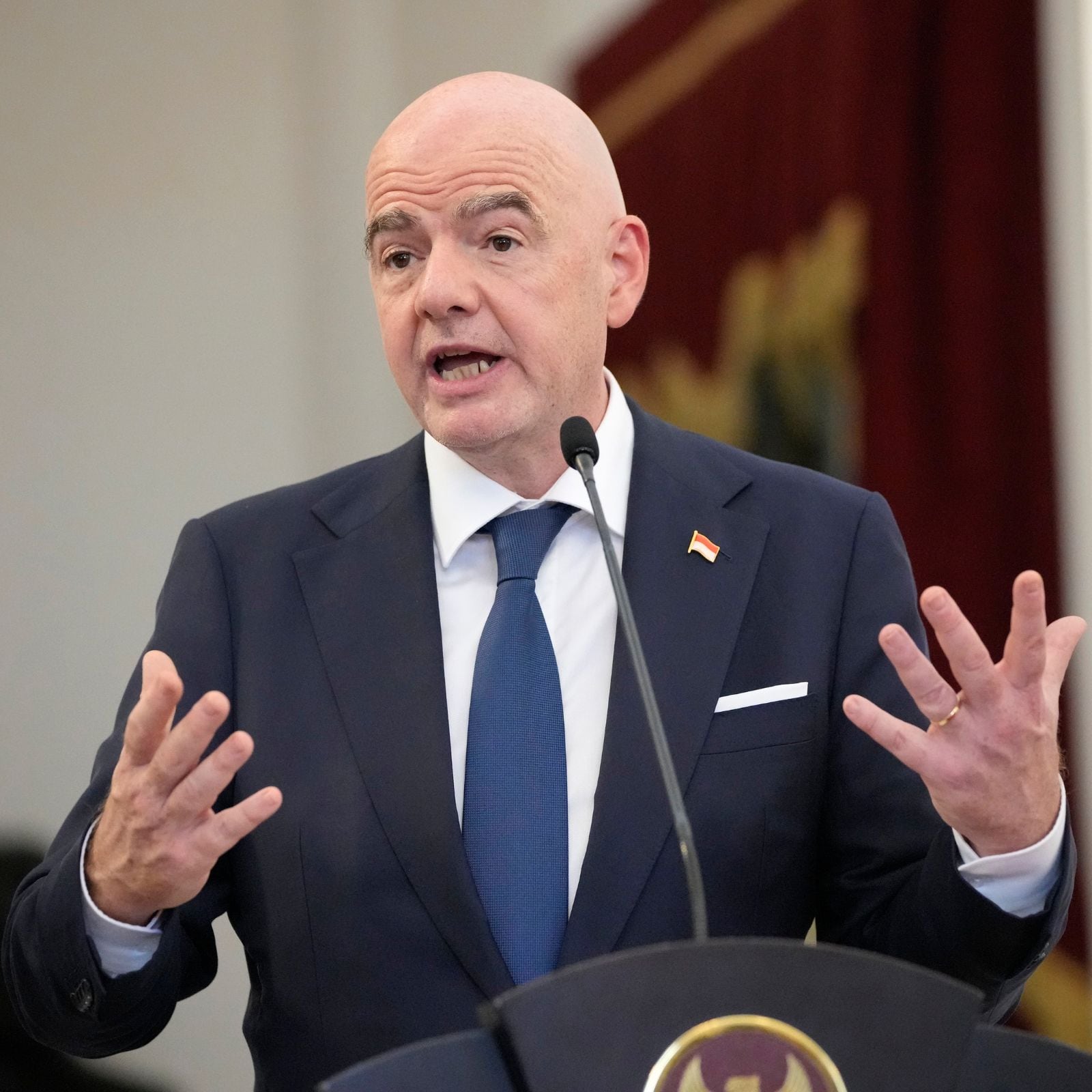 Doha, Qatar. 16th Dec, 2022. 2022 FIFA World Cup Press Conference before  Final Games Dec 16th. Gianni Infantino, President of FIFA speaking to the  press Credit: Action Plus Sports Images/Alamy Live News