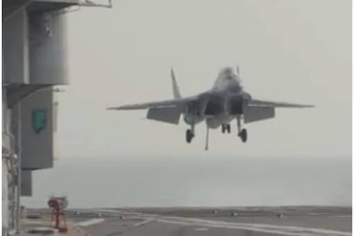 The Indian Navy on Sunday shared a video showing fighter pilots practice landing a plane on a carrier (Twitter/@IN_Vikramaditya)