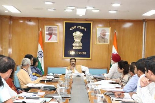 The education minister was chairing a high-level meeting with the committee preparing National Credit Framework for School Education, Higher Education and Skilling (Image: PIB)