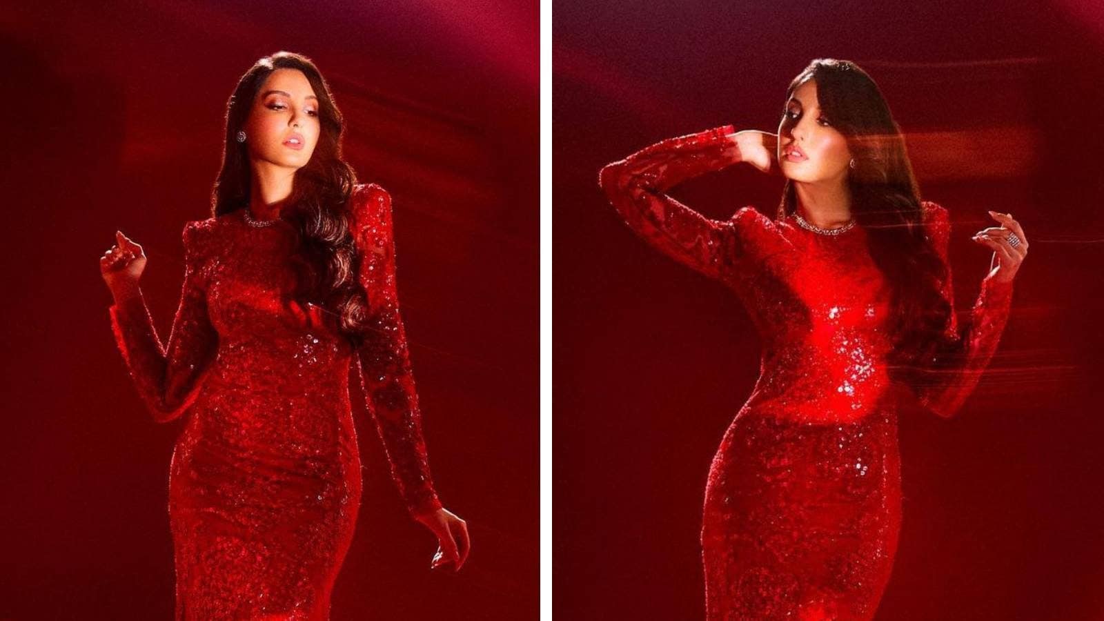 Nora Fatehi Looks Uber Glamorous In Red Sequin Bodycon Dress Check Out