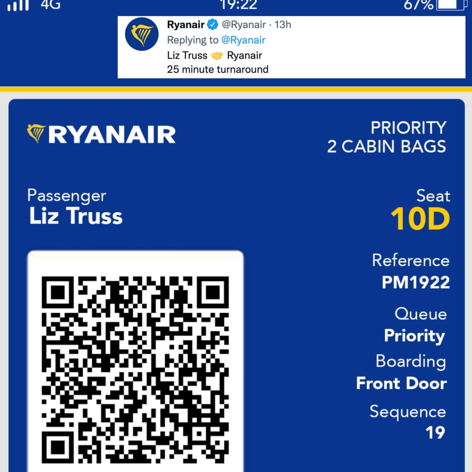 London Ryanair Issues a Pass to Liz Truss After She Quits as UK PM