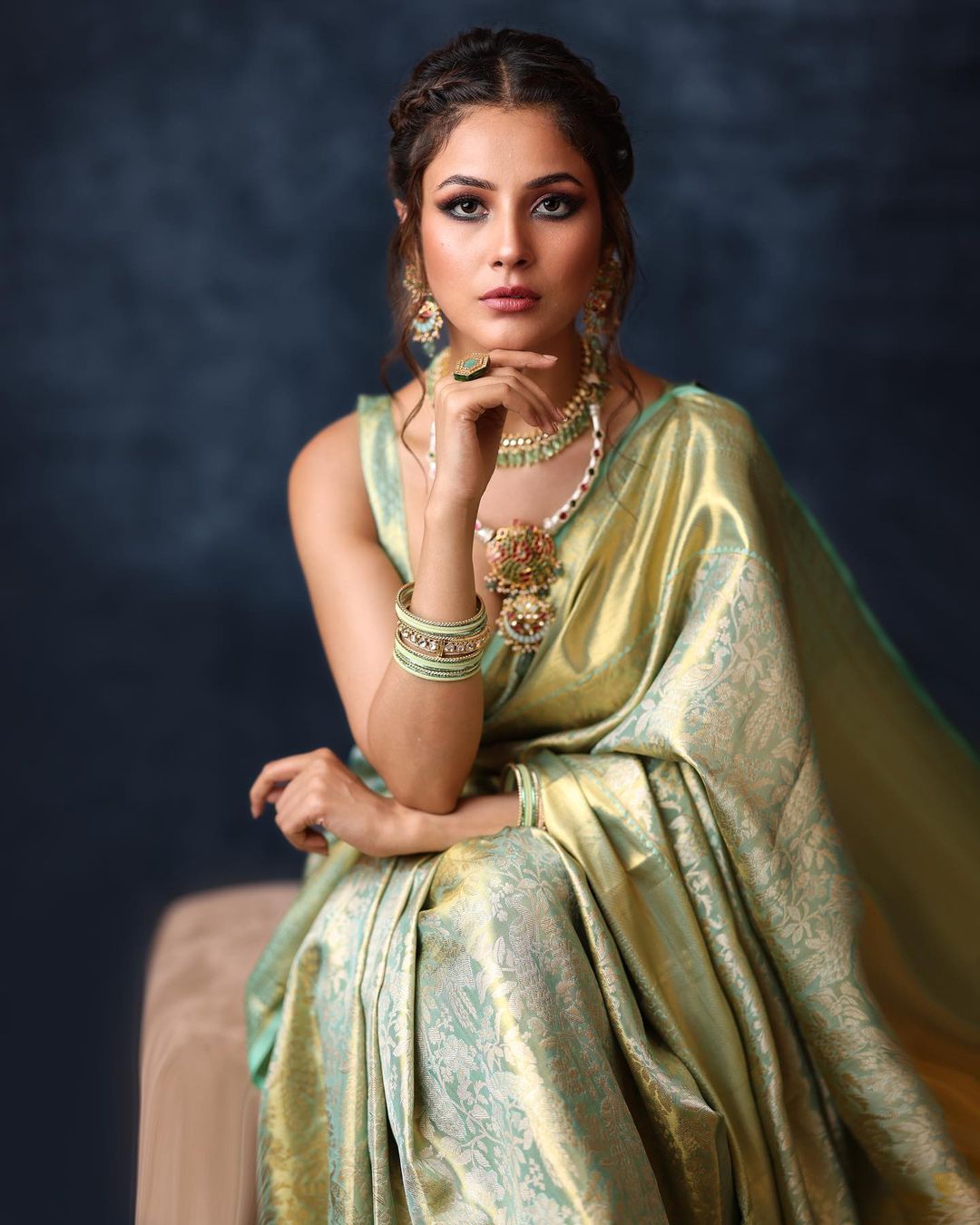 Shehnaaz Gill looks drop-dead gorgeous in a blue and golden kanjeevaram saree. 