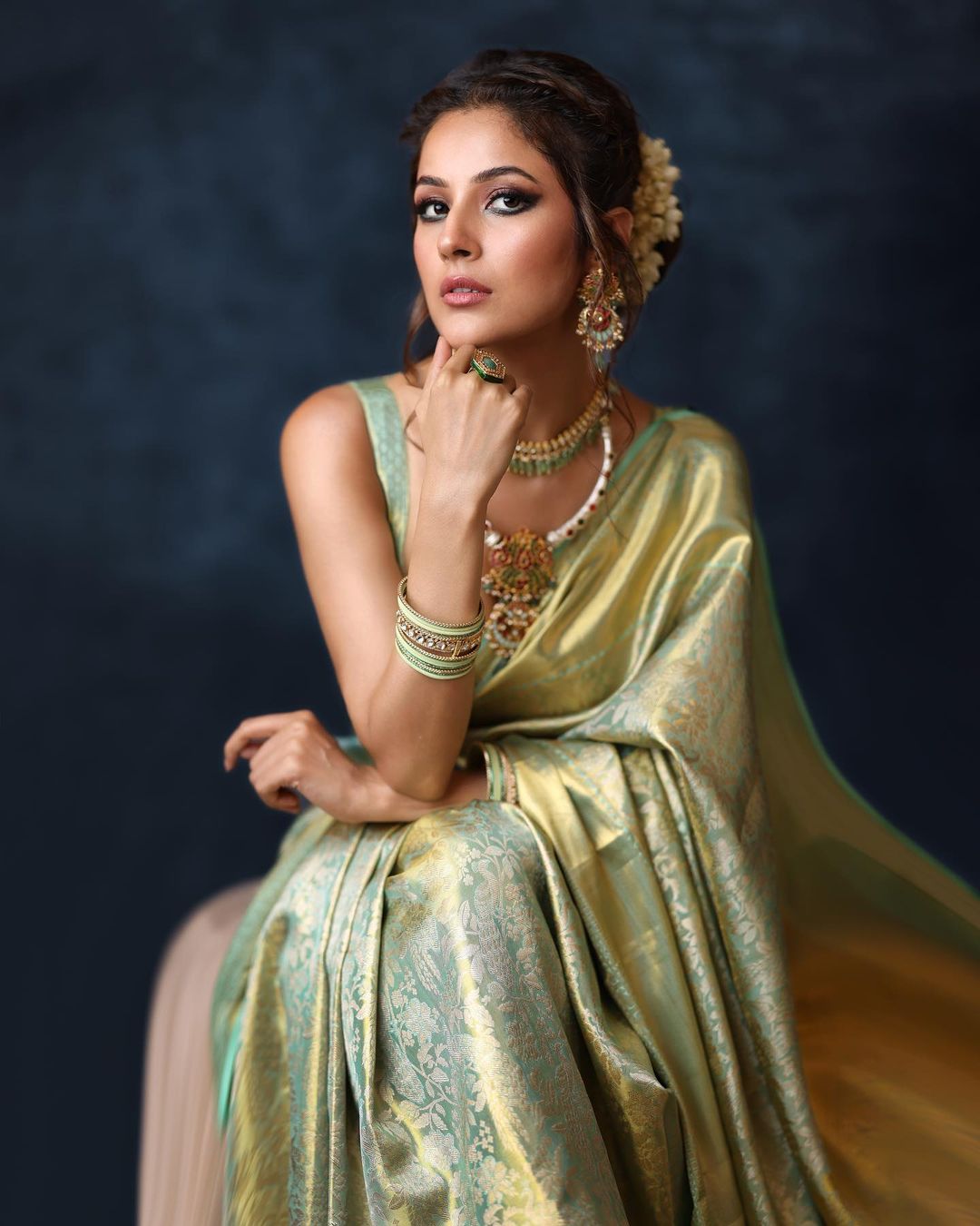 Shehnaaz Gill accessorises her saree look with traditional jewellery. 