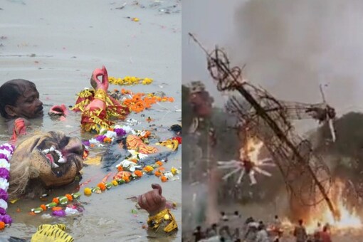 (L) Representational image of a Durga idol visarjan, (R) Burning Raavan effigy falls on people. (Image: PTI/ANI)