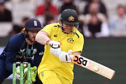 David Warner plays a shot against England during the third ODI match.