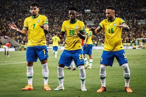 Neymar, Vinicius Junior and Lucas Paqueta dancing after a win at the FIFA WC (AP Image)