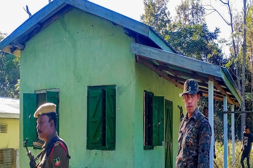 West Karbi Anglong: Security personnel stand guard following violence at a disputed Assam-Meghalaya border location that killed six people, in West Karbi Anglong district, Wednesday, Nov. 23, 2022. (PTI Photo)