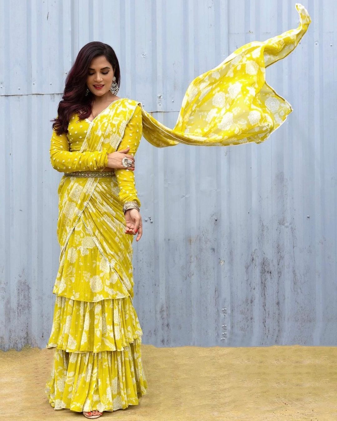 Richa Chadha in Gardenia cape and drape skirt