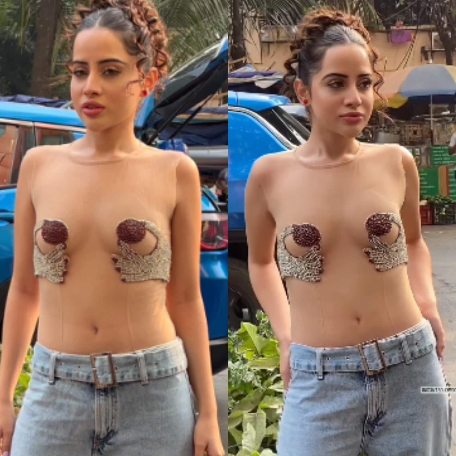 Uorfi Javed displays skin in a hand-shaped bralette with denims.