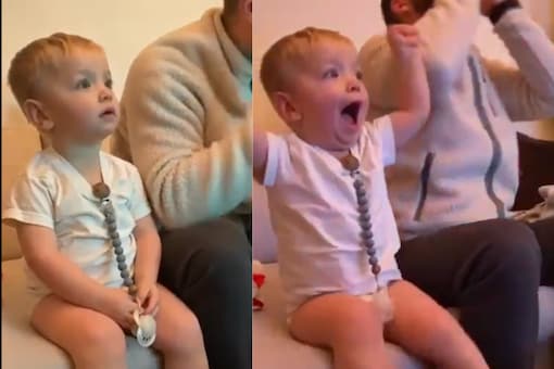 n the video, the child appears to be excited while watching the game, but when he notices his father getting upset. (Credits: Twitter)