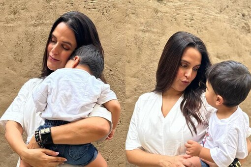 Neha Dhupia Holds Son Guriq In Lap In These Adorable Pics Clicked By ...