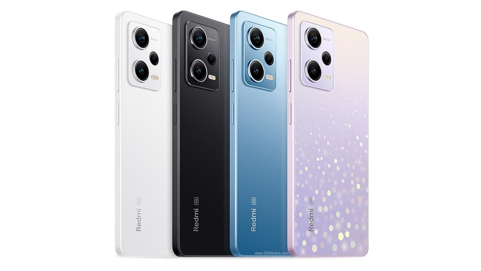  Four Xiaomi Redmi Note 12 smartphones in white, black, blue, and purple colors are displayed, each with a triple camera setup on the back.