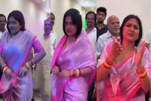 The saree-clad woman is seen shaking a leg to the viral song at what appears to be a family function.