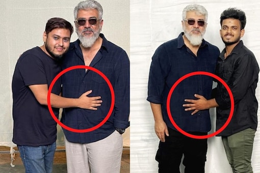 Ajith Kumar's fans clicked pics with him in a way that it looked like a 'pregnancy shoot' and Twitter definitely needs an answer! (Photo Credits: Twitter/@SamratAjithFC)