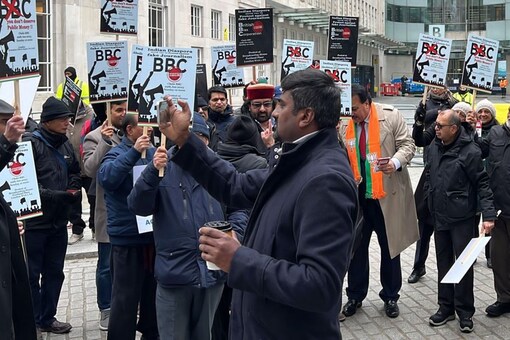 The Indian community protesting against the BBC documentary in London. (File Photo: News18)
