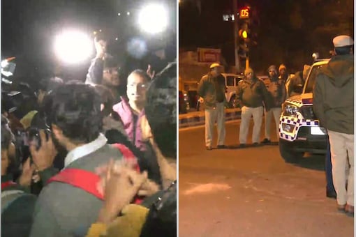 JNU students protest outside a police station, claiming stones were pelted during the screening of BBC's documentary on PM Modi. (ANI photos)