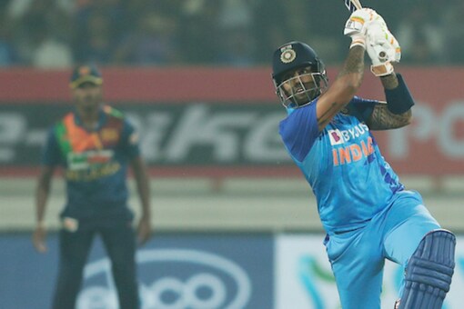Suryakumar Yadav hits a shot against Sri Lanka in the third T20I.
