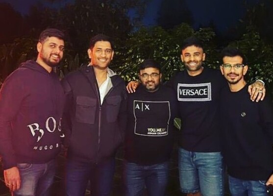 Suryakumar Yadav with MS Dhoni and Yuzi Chahal. Suryakumar Yadav with MS Dhoni and Yuzi Chahal.