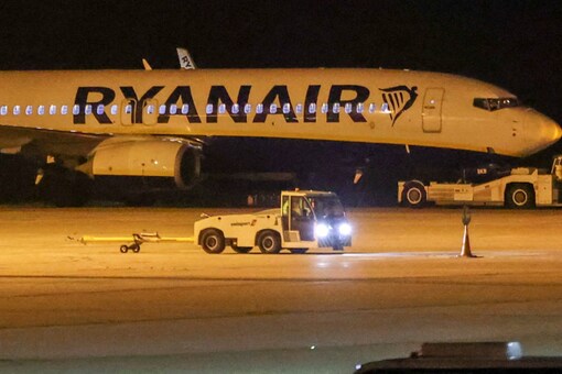 A Ryanair plane is seen on the runway, after landing at Athens' International Eleftherios Venizelos airport, following a bomb threat in midair, on the outskirts of Athens, Greece (Image: Reuters)