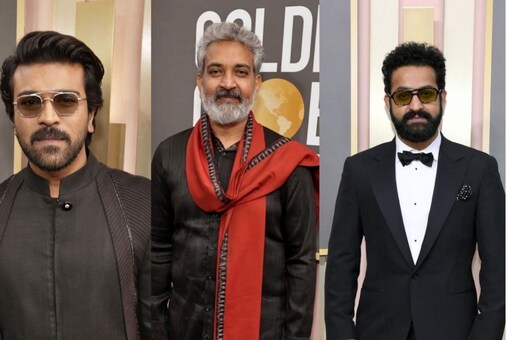 (L-R) Ram Charan Teja, SS Rajamouli and Jr NTR kept it classic and simple on the red carpet (Photo: Instagram)